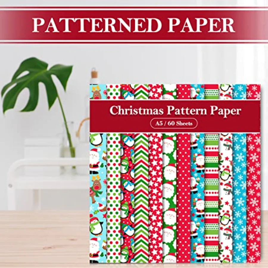 60 Sheet Christmas Pattern Paper A5 Size Santa Snowflake Snowman Reindeer, view 4