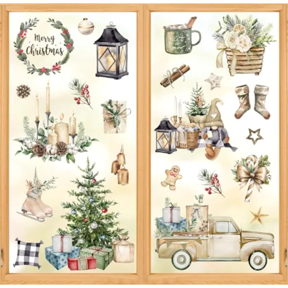 Christmas Window Clings Brown Vintage Xmas Tree Truck Window Stickers