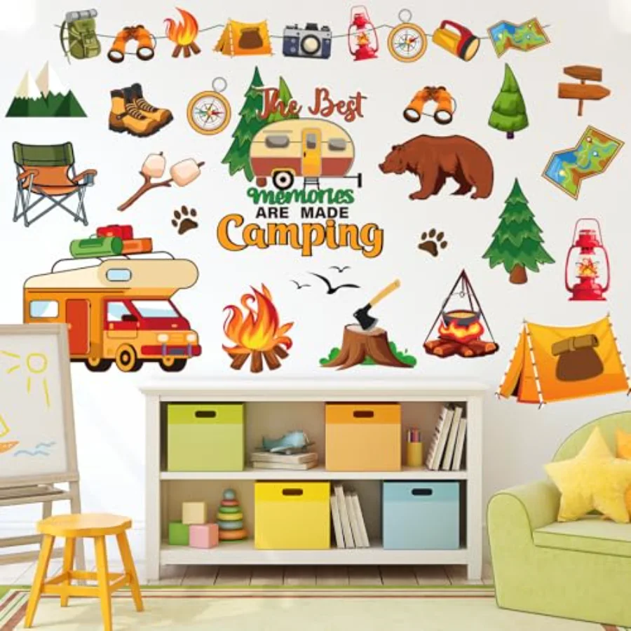 9 Sheets Camping Wall Decal Stickers Camper Bonfire Adventure Room Mural, view 3