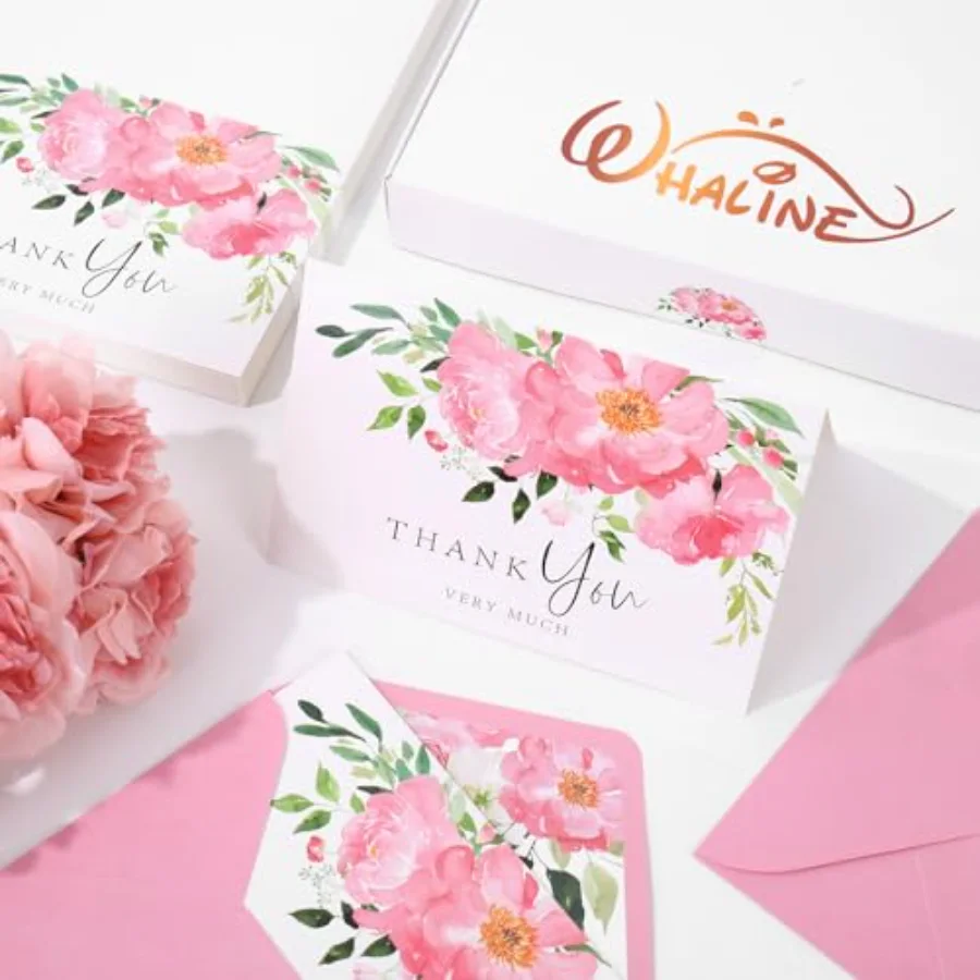 50 Pack Floral Thank You Cards Pink Flower Boxed Note Cards with Envelope, view 4