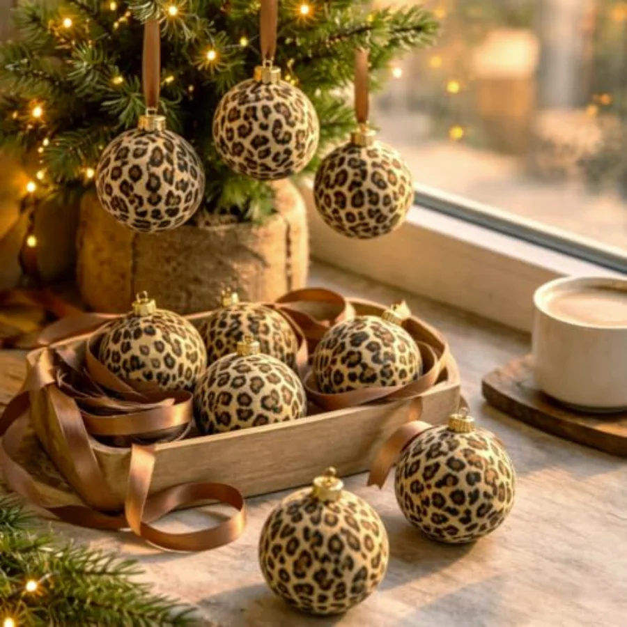 9Pcs Leopard Print Christmas Ball Ornaments 3.1 Inch Cheetah Print Hanging, view 4