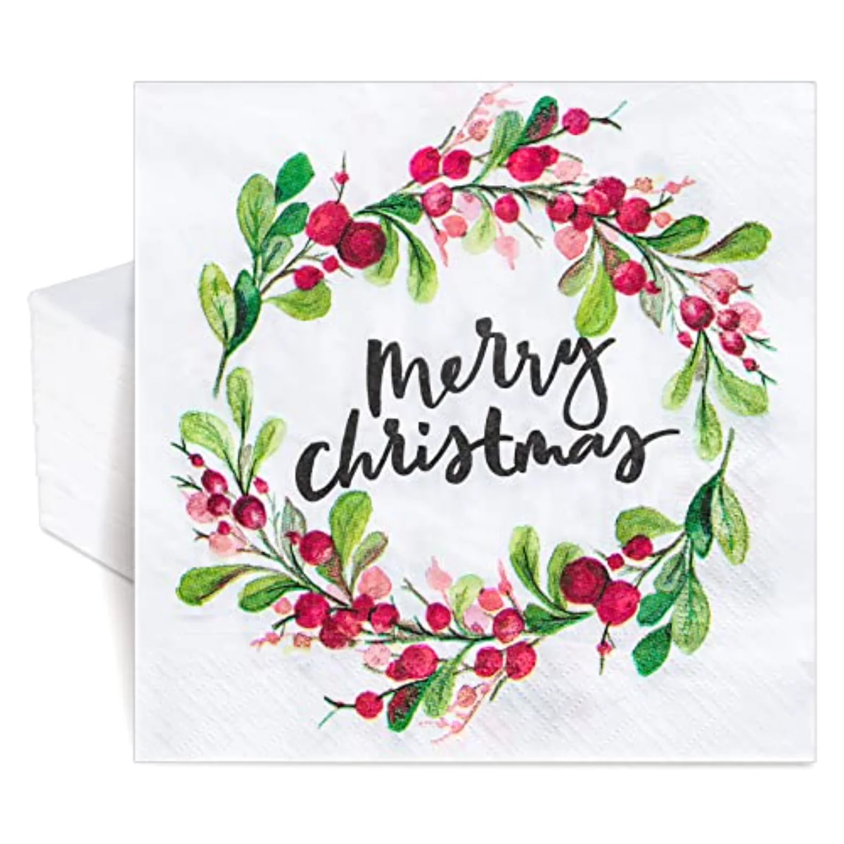100 Pack Merry Christmas Paper Napkins Watercolor Style Wreath Pattern