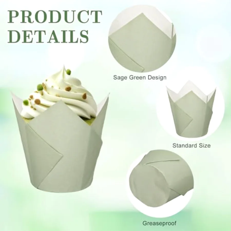 200Pcs Sage Green Tulip Cupcake Liners Green Muffin Baking Liners Tulip, view 3