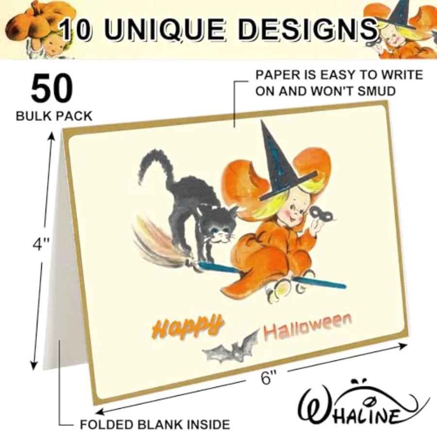 50 Pack Halloween Greeting Cards with Sticker Envelope Vintage Evil, view 2