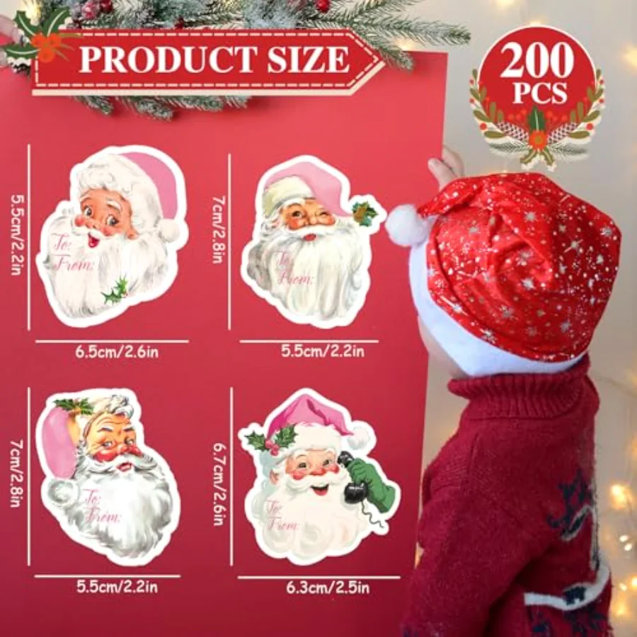 200Pcs Pink Santa Claus Name Tag Stickers 10 Design Christmas Santa Gift, view 2