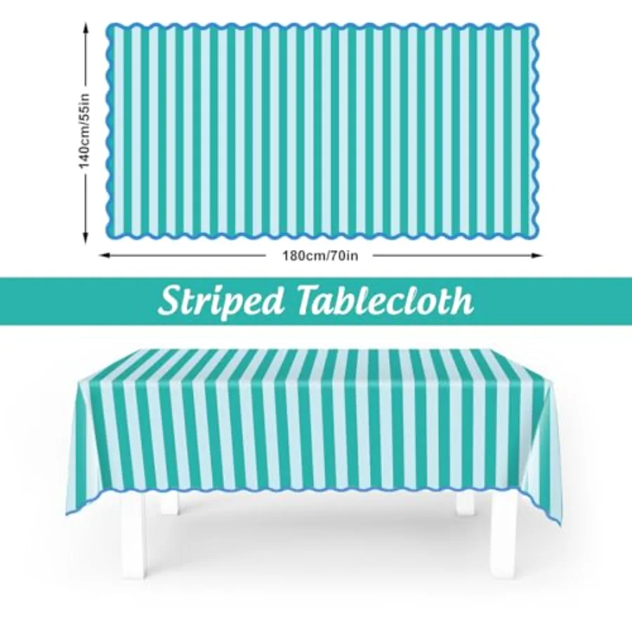 Striped Tablecloth, Blue Green Scalloped, view 2