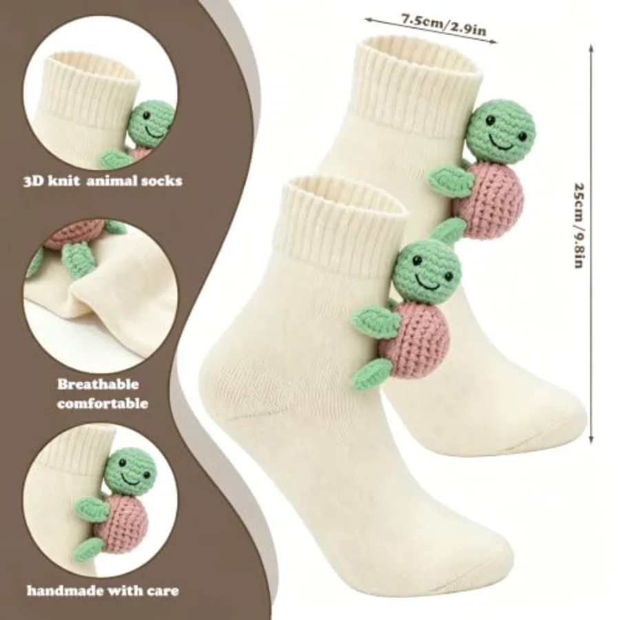 1 Pair Turtle Socks Cotton Socks Beige 3D Knit Animal Sock for Holiday, view 4