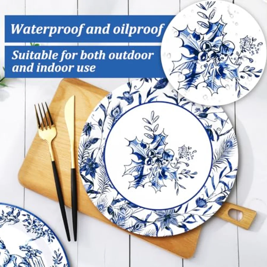 40 Pcs Christmas Paper Plates 4 Designs Chinoiserie Blue and White, view 3