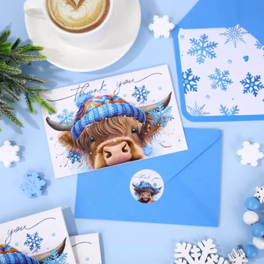 24 Pcs Winter Highland Cow Thank You Cards Blue Snowflake Brown Cow Note, view 3