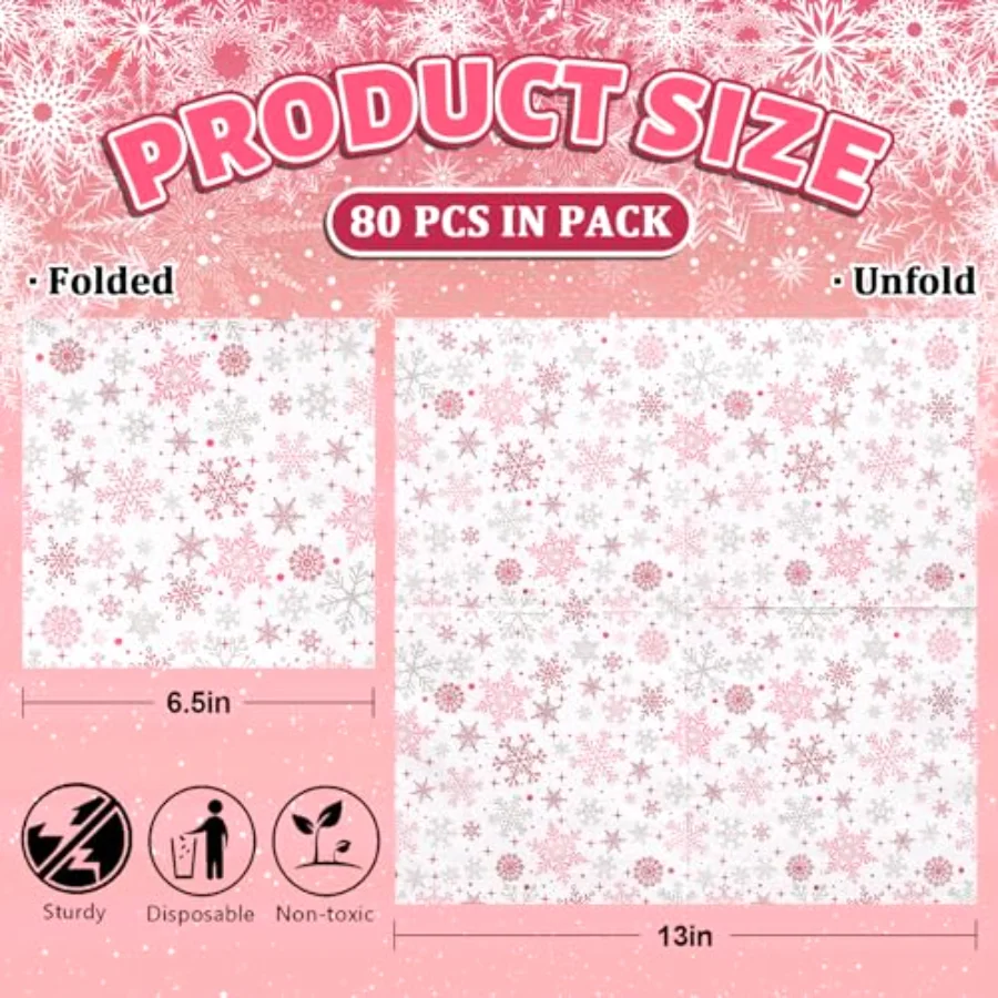 80 Pack Pink Paper Napkins Winter Snowflake Disposable Napkins Pink Silver, view 2