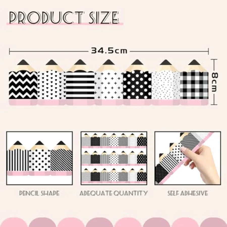 80FT Black White Bulletin Board Border Sticker 70 Pcs Pencil Border Trim, view 2