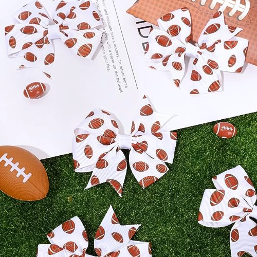 6Pcs Football Hair Bow Clips for Girls Football Printed Brown White Cheer, view 4