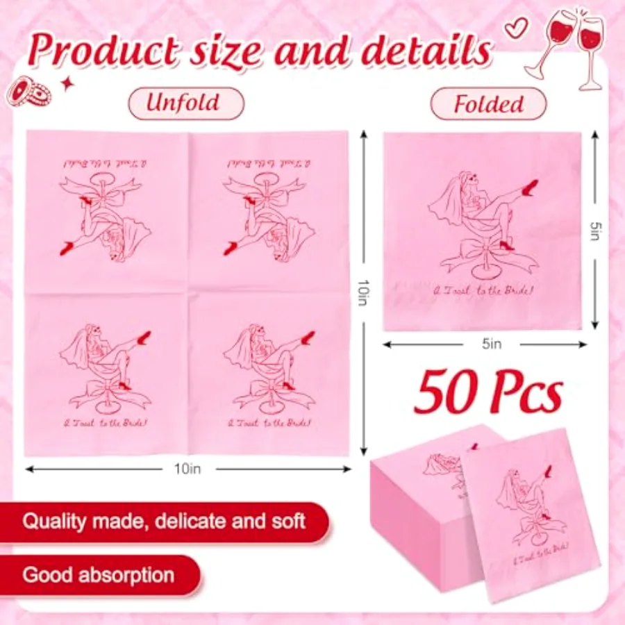 50Pcs Bachelorette Napkins Pink Martini Cocktail Napkins 5 x 5 Inch A, view 2