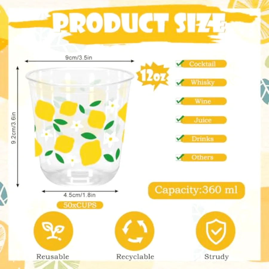 50Pcs Summer Plastic Cups 12 Oz Lemon Disposable Clear Stemless Wine, view 2