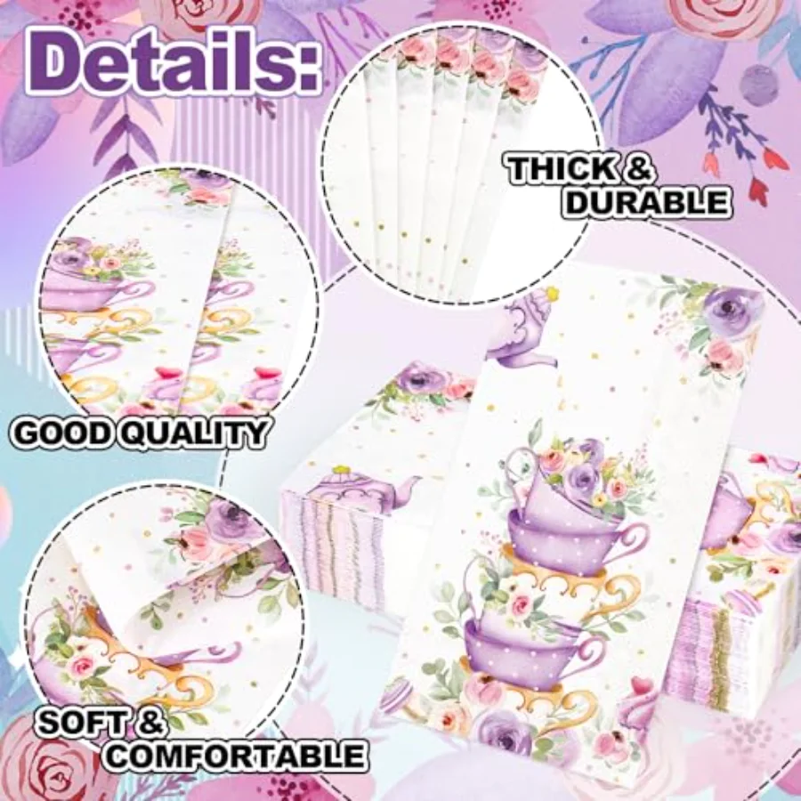 100 Pcs Tea Party Guest Napkins Disposable Napkins Purple Flower Floral, view 3