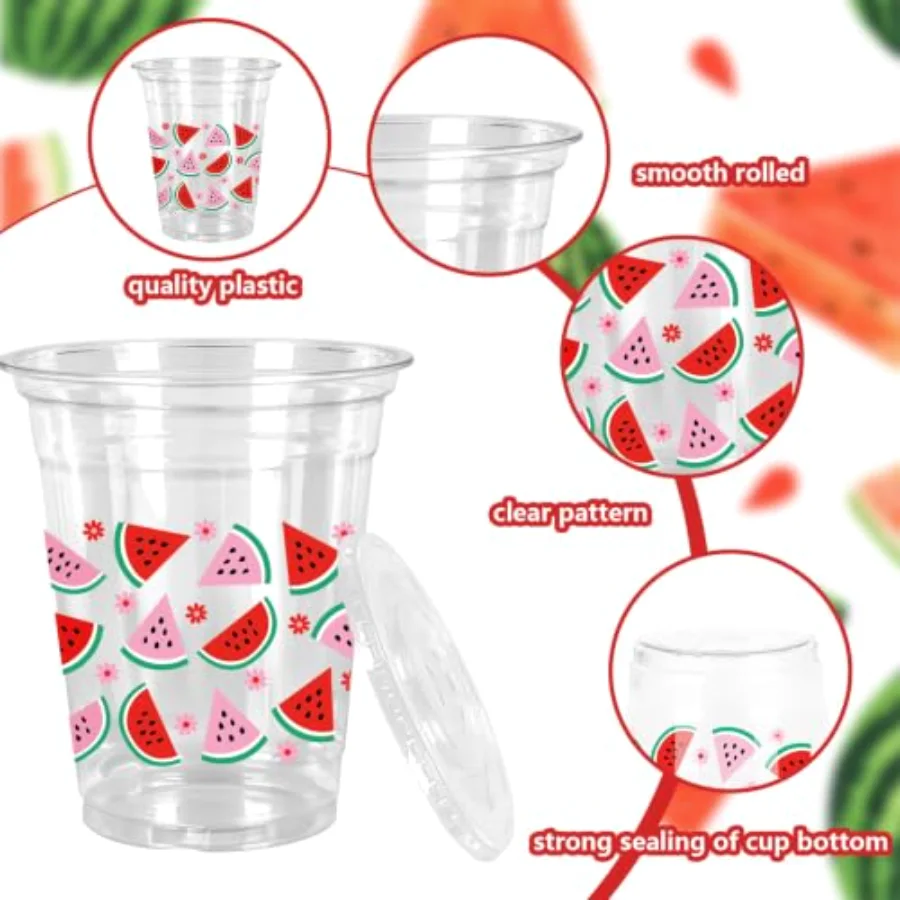 50 Pcs Watermelon Plastic Cups with Lids and Straws Red Pink Watermelon, view 3