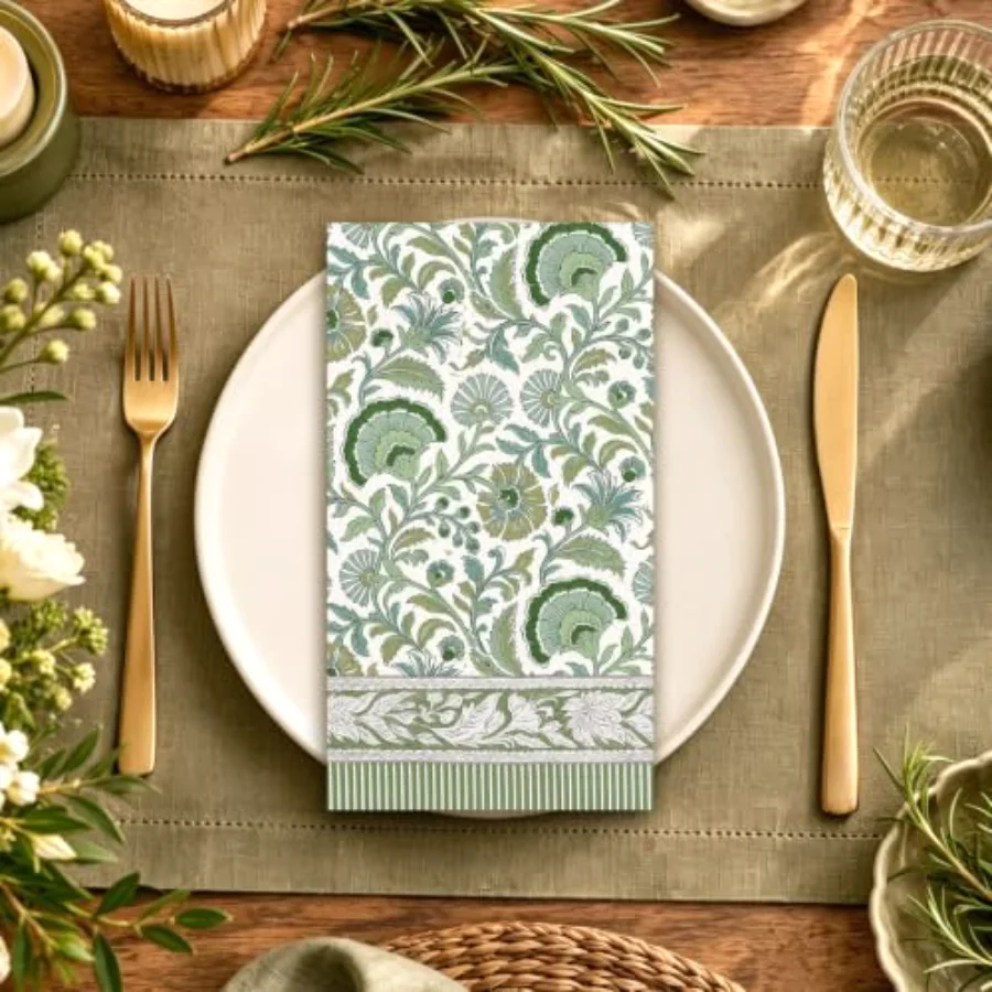 50 Pcs Green Floral Guest Paper Napkins, view 3