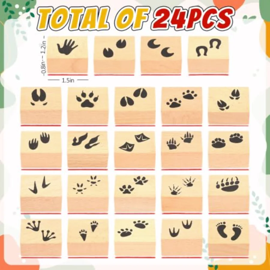 24 Pcs Animal Footprint Wooden Rubber Stamps Cartoon Animal Paw Prints DIY, view 2