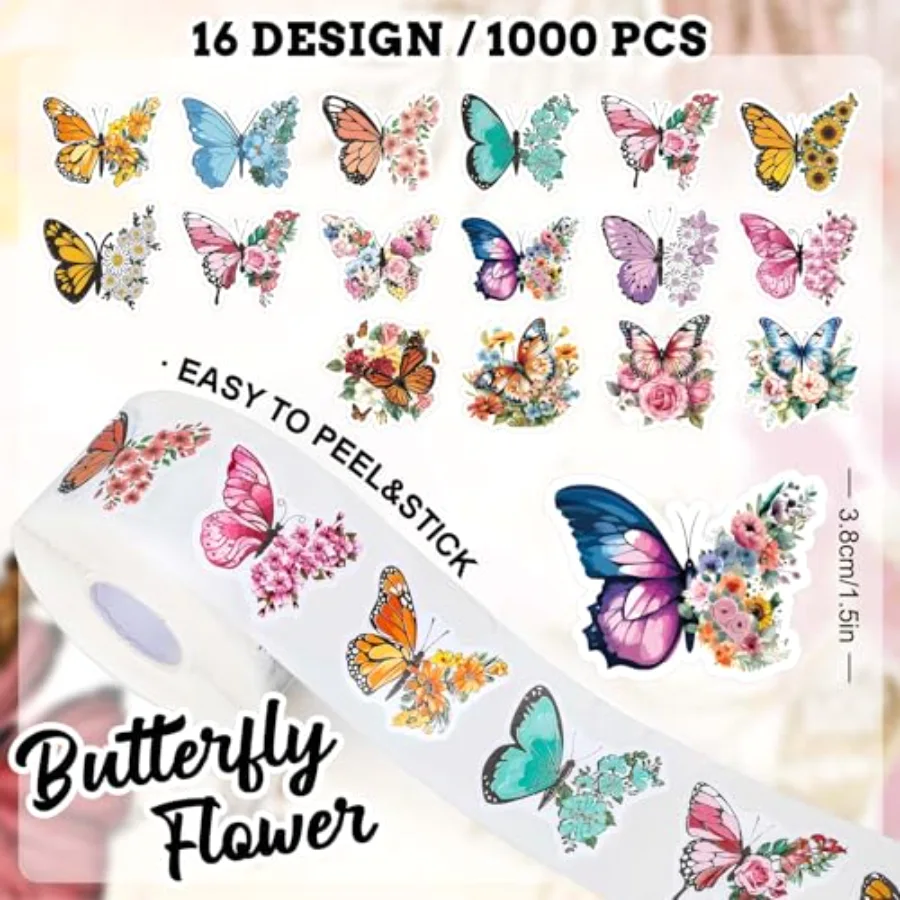 1000Pcs Butterfly Flower Stickers Roll Spring Floral Colorful Paper Decals, view 2