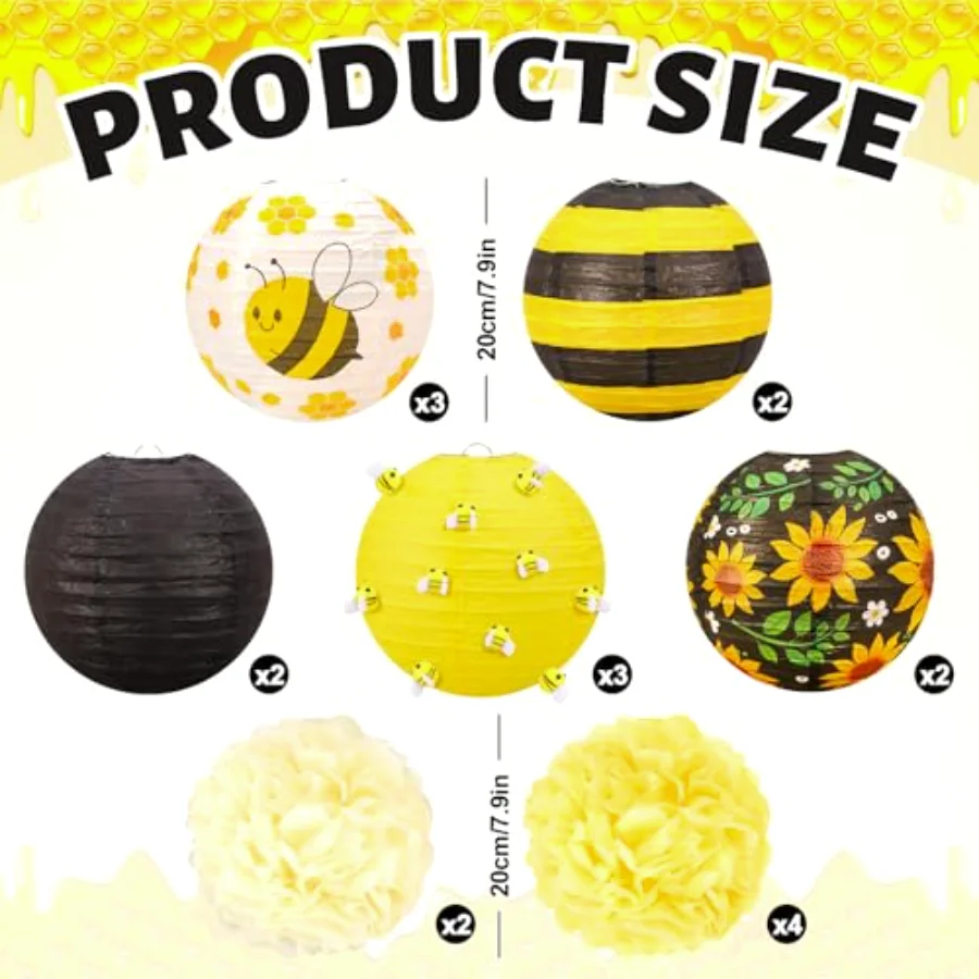 48 Pcs Bee Paper Lanterns Party Decoration Set Yellow Bumble Bee Sunflower, view 2