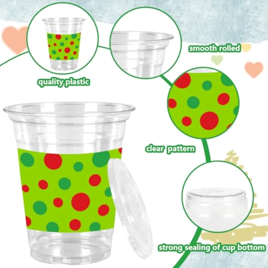 50 Pack Green Christmas Plastic Cups with Lids Straws Red Green Polka Dot, view 3