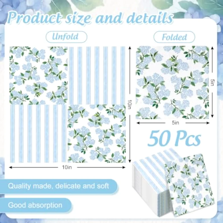 50 Pcs Blue Hydrangea Stripe Cocktail Napkins Floral Flower Paper Napkins, view 2