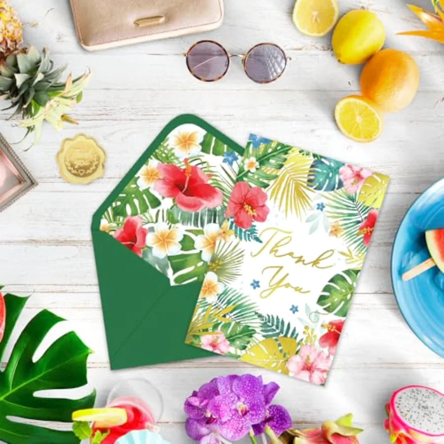 24 Pack Hawaiian Thank You Cards Gold Foil Tropical Flowers Leaves Note, view 4