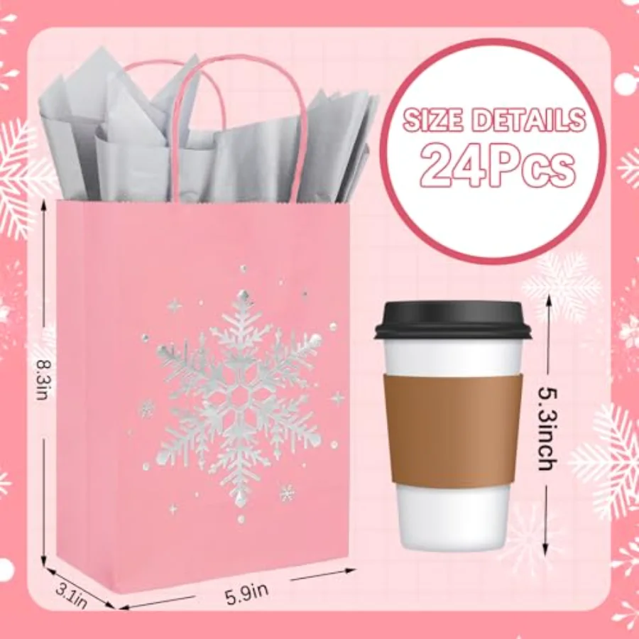 24Pcs Pink Christmas Paper Bags with 30 Sheets Tissue Paper Pink Silver, view 2