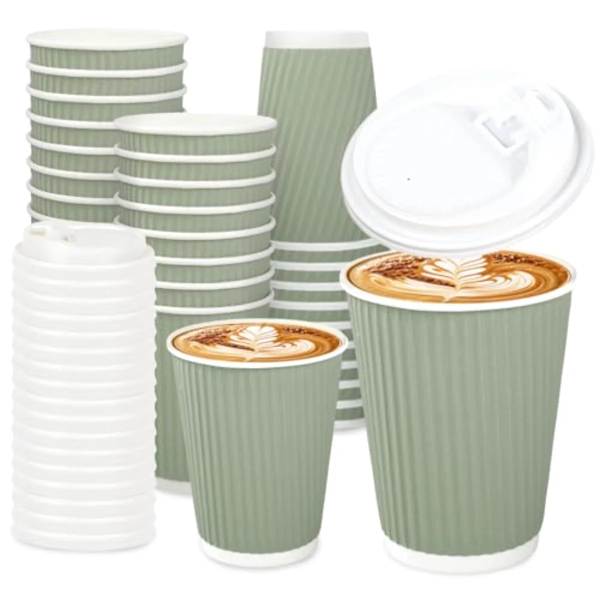 100 Pcs Sage Green Disposable Coffee Cups with Lids 12 Oz Solid Green
