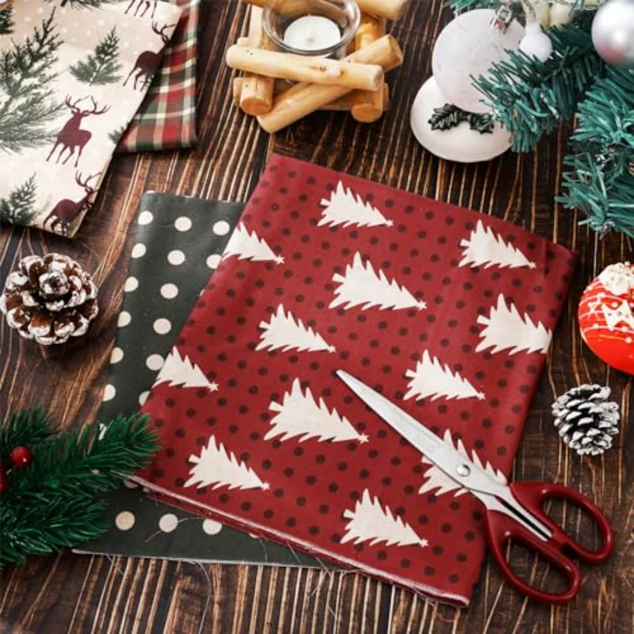 12Pcs Cotton Fabric Bundles Woodland Poinsettia Reindeer Tree Printed Fat, view 4