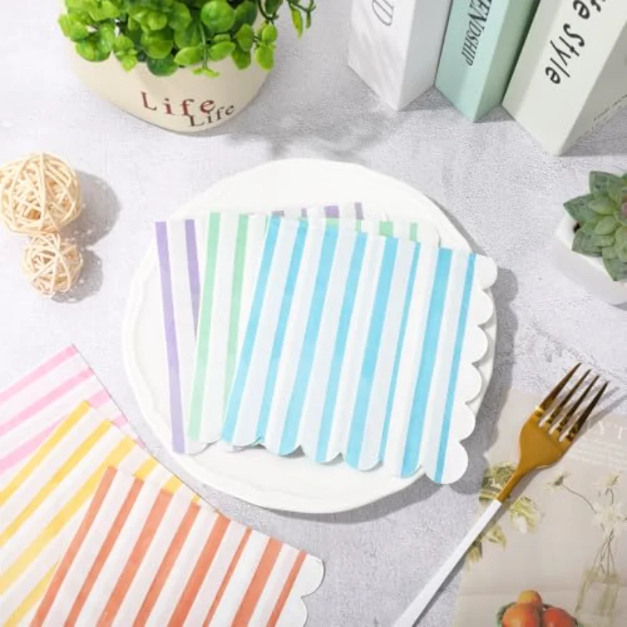 120 Pcs Scalloped Pastel Cocktail Napkins 6 Mixed Stripe Ice Cream Paper, view 4