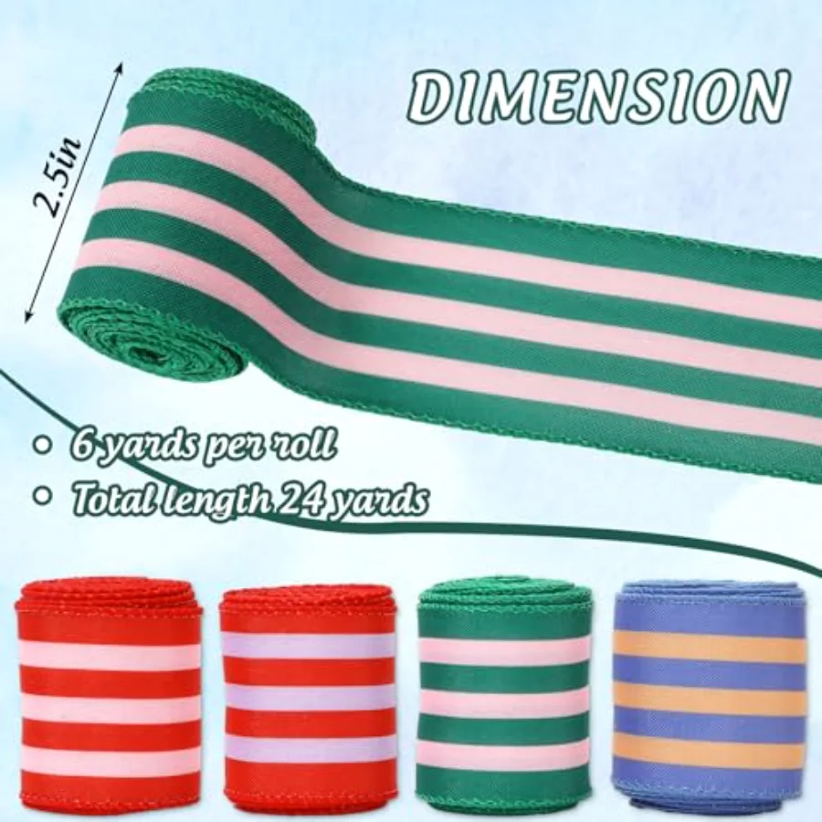 Summer Beach Stripe Wired Edge Ribbon 2.5 Inch Craft Ribbons Cabana Stripe, view 2