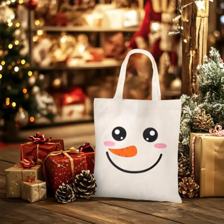 Christmas Canvas Tote Bags Cute Snowman Face Grocery Shopping Bag Xmas, view 3