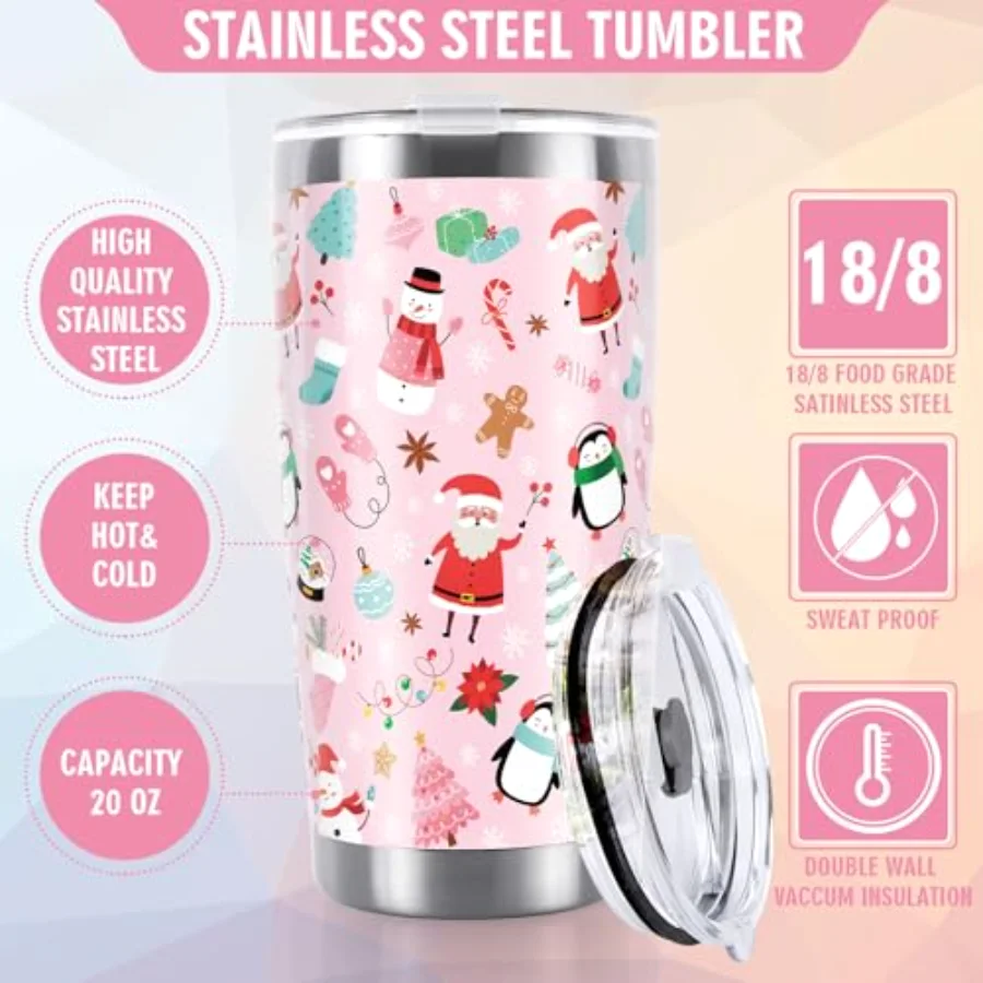 Pink Christmas Tumbler Stainless Steel Cartoon Xmas Santa Snowman Penguin, view 3
