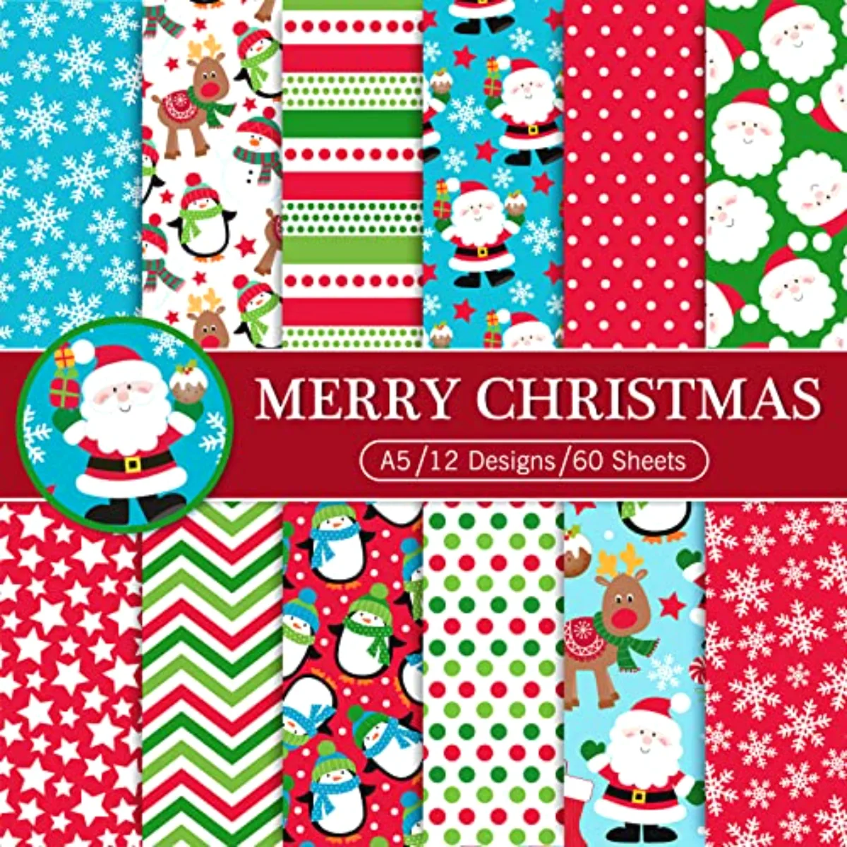 60 Sheet Christmas Pattern Paper A5 Size Santa Snowflake Snowman Reindeer
