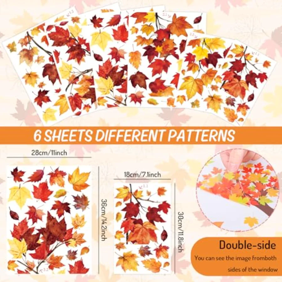 6 Sheet Fall Window Clings Hanging Maple Leaf Window Decals Colorful, view 2