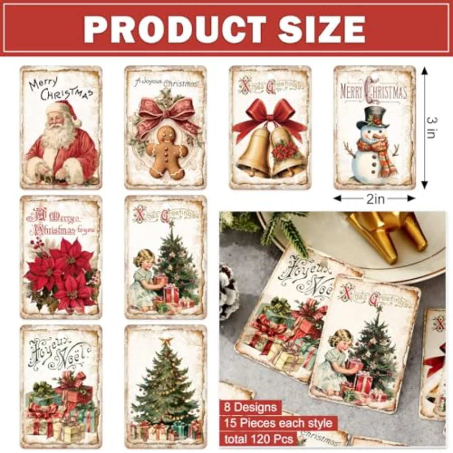 120 Pcs Christmas Paper Tags Xmas Tree Santa Snowman Hanging Labels, view 2