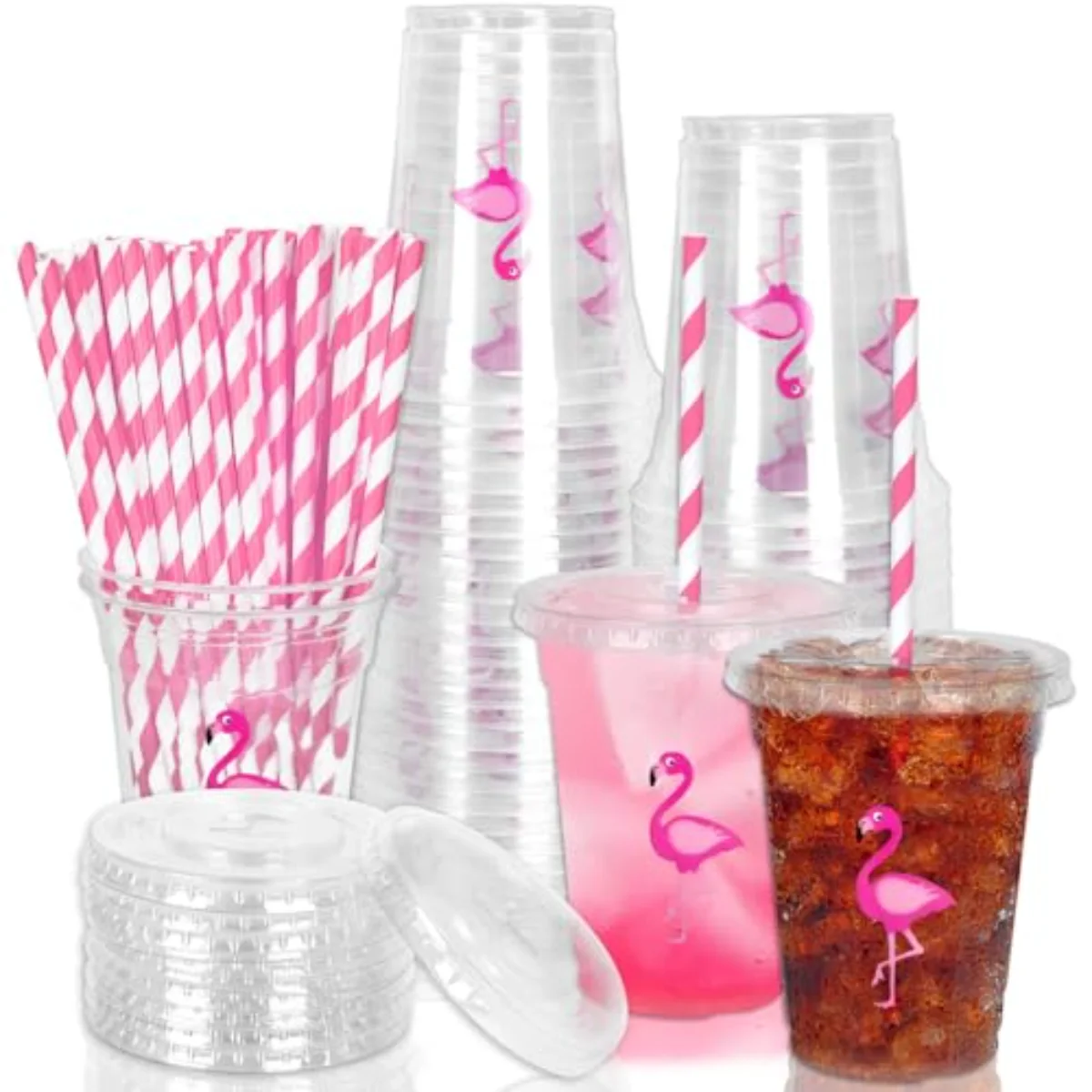 50Pcs Flamingo Disposable Plastic Cups with Lids and Straws 12 Oz Pink