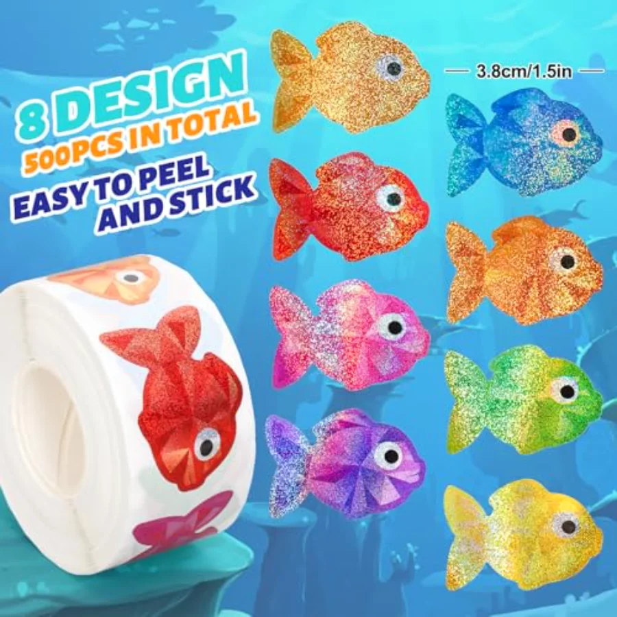 Summer Fish Stickers Roll Laser Colored Sea Creature Seal Stickers Ocean, view 2