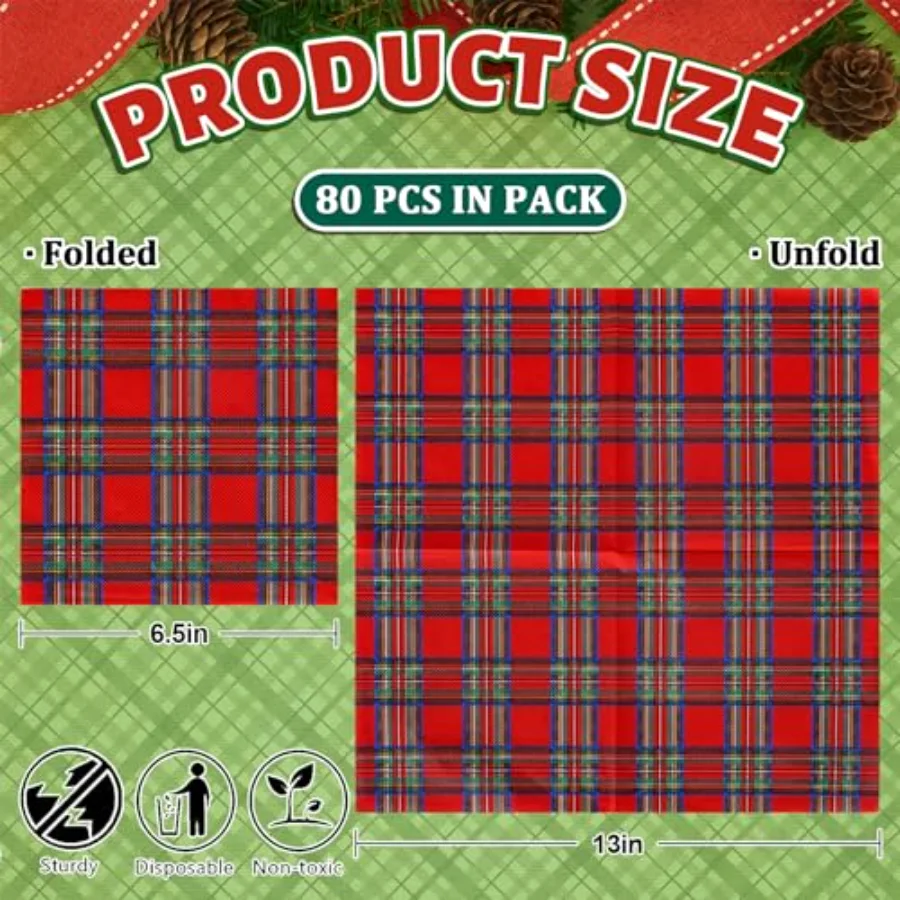 80 Pack Checkered Paper Napkins Red Plaid Disposable Napkins Christmas, view 2