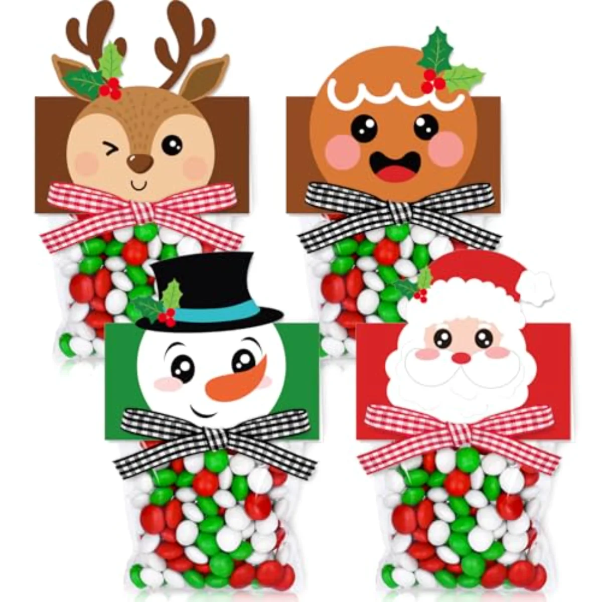 180 Pcs Christmas Self-Adhesive Goody Bag with Topper Bow Snowman Santa