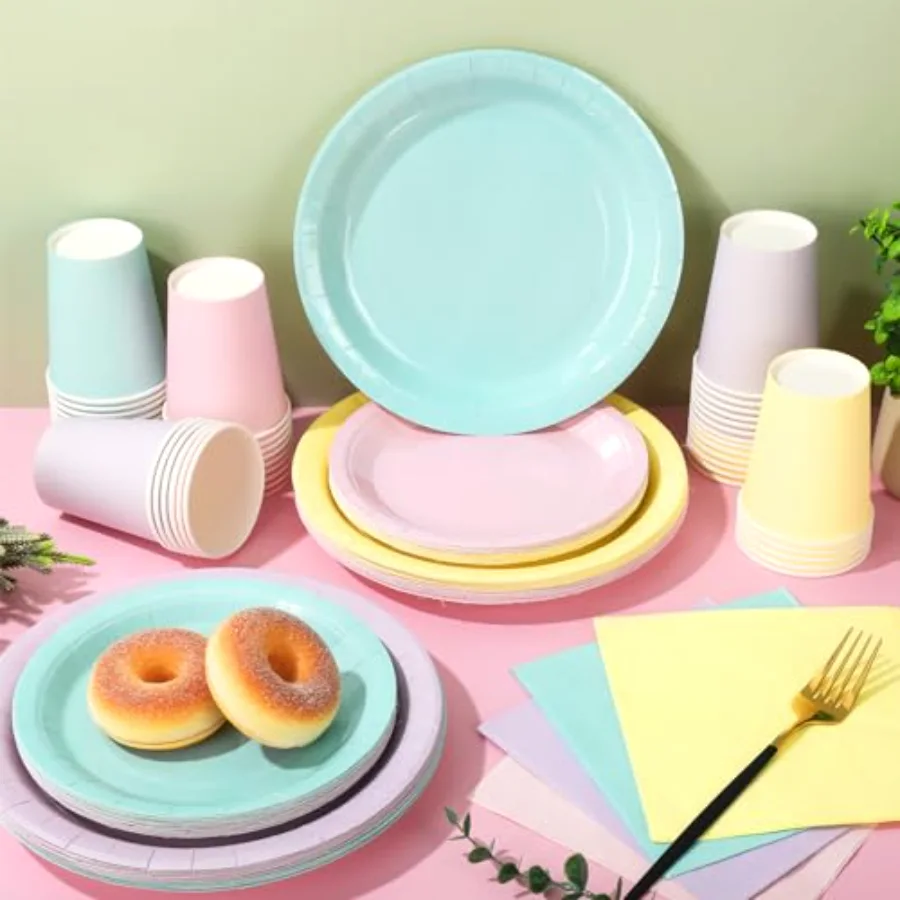 244Pcs Pastel Rainbow Tableware Set Serves 48 4 Colors Disposable, view 4