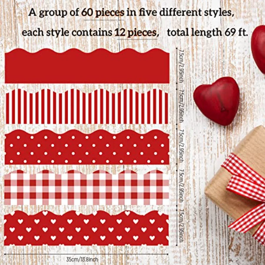 69Ft Valentine's Day Bulletin Board Borders 5 Designs Red White Heart, view 2