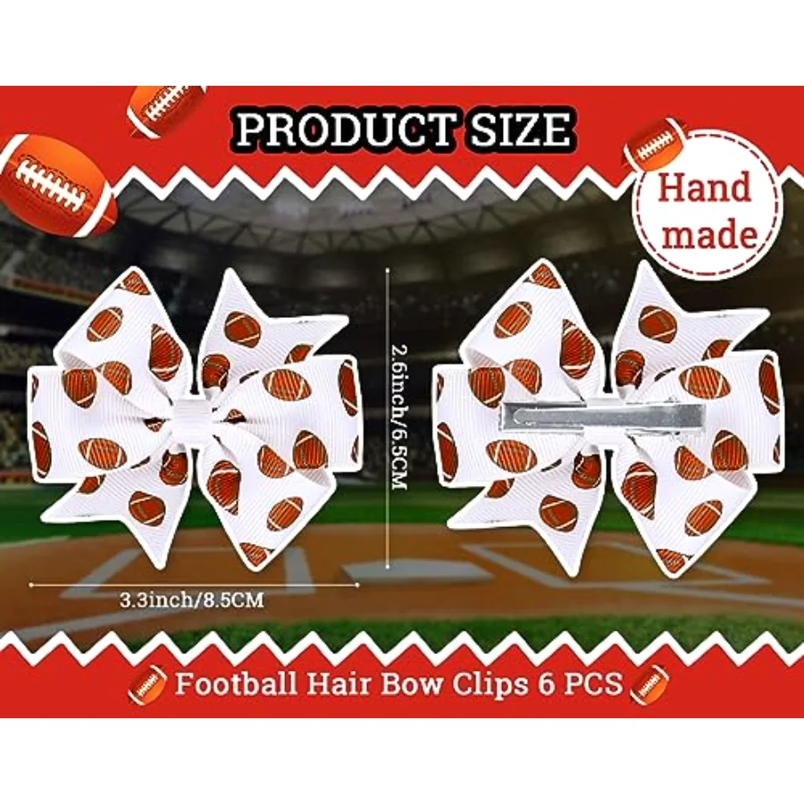 6Pcs Football Hair Bow Clips for Girls Football Printed Brown White Cheer, view 2