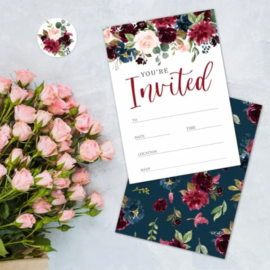 25 Sets Flower Invitations with Envelopes Stickers Watercolor Floral, view 4