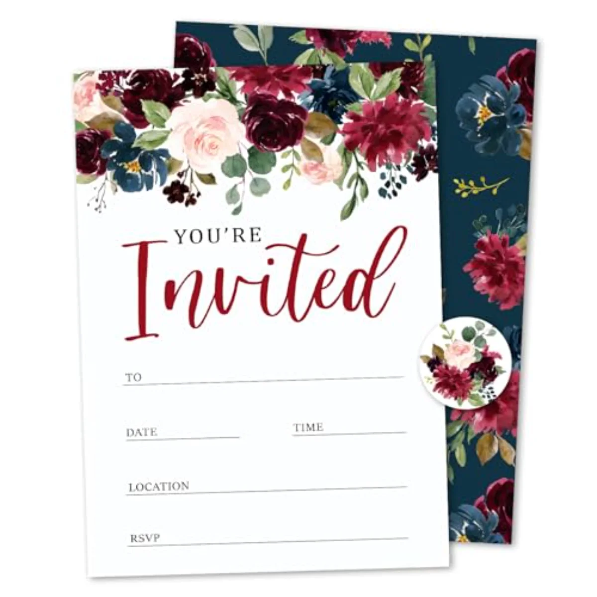 25 Sets Flower Invitations with Envelopes Stickers Watercolor Floral