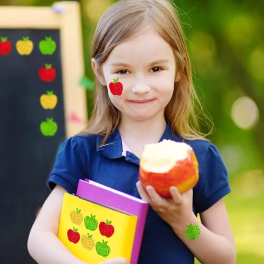 Back to School Apples Stickers Roll Holographic Apples Waterproof Decals, view 4