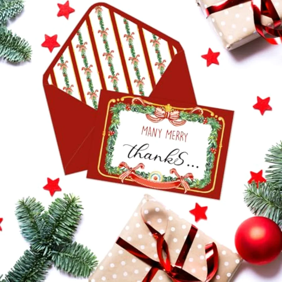 24 Packs Christmas Thank You Cards Bow Pine Needle Note Card with, view 3