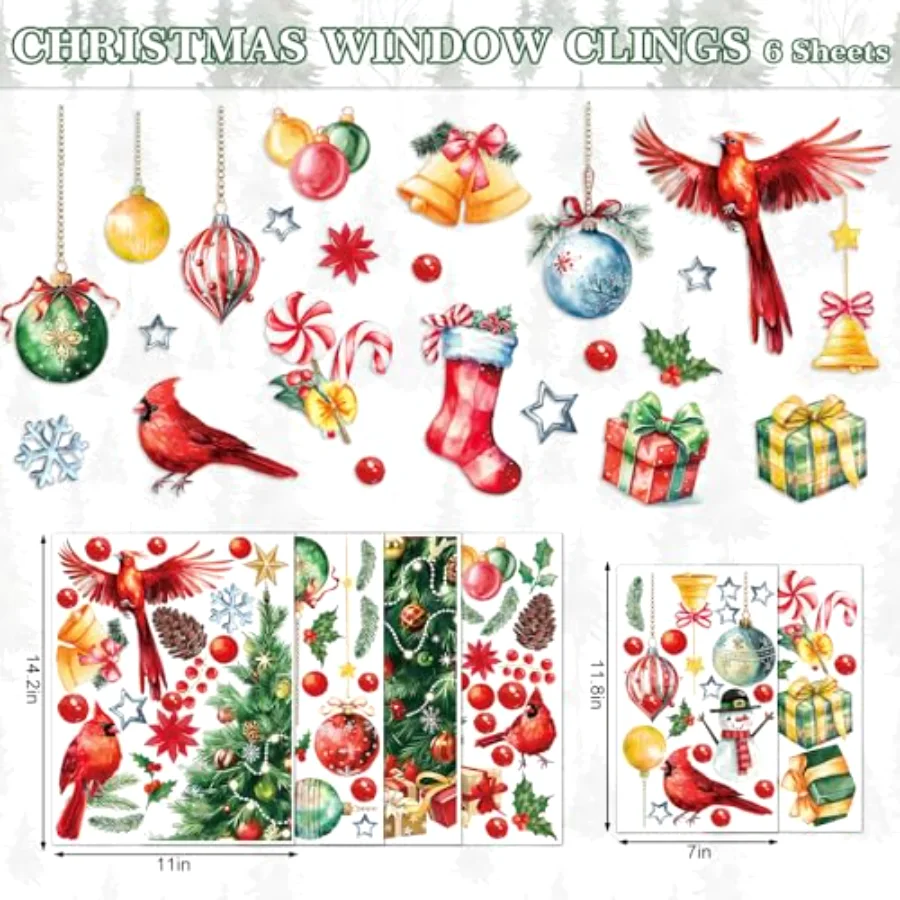 6 Sheet Large Christmas Window Clings Watercolor Xmas Tree Cardinal Bird, view 4
