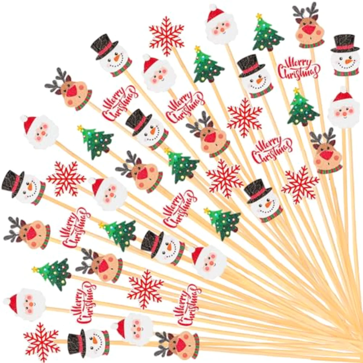 120Pcs Christmas Cocktail Picks 6 Styles Decorative Santa Elk Snowman